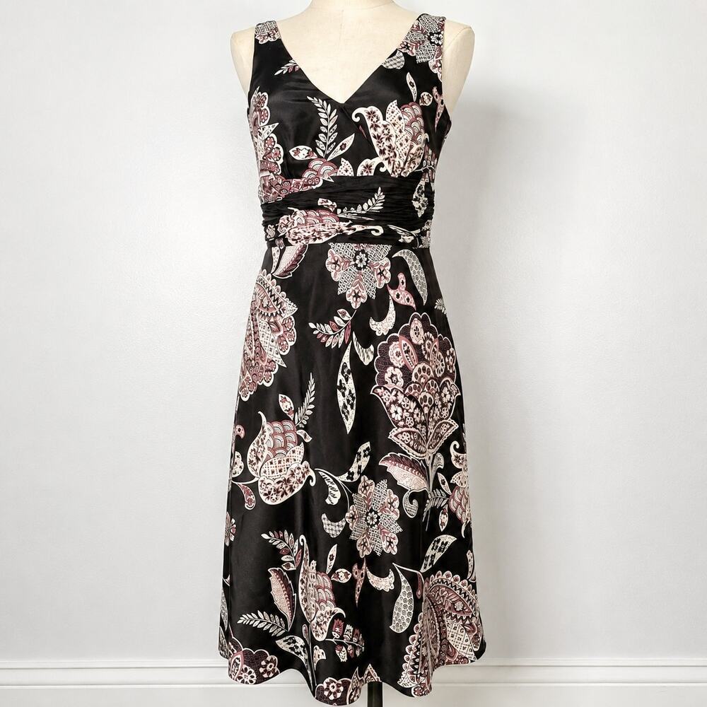 Ann Taylor Silk Midi Dress Floral Paisley Sleeveless Cocktail Size 4 Brown